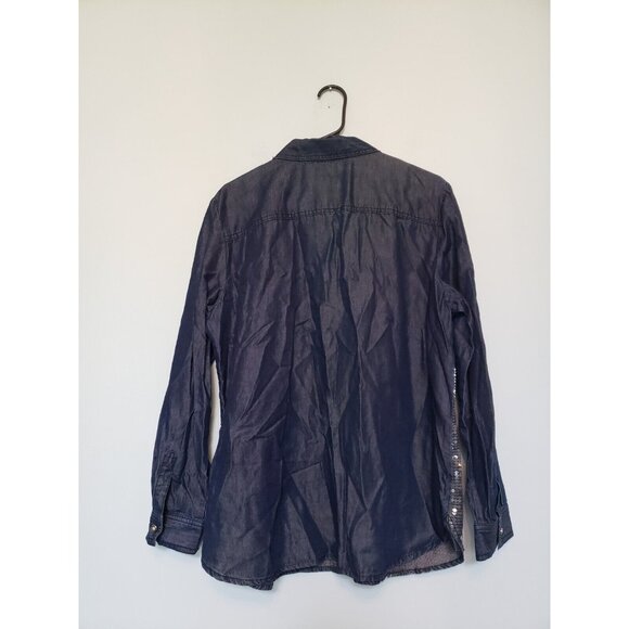 Chicos 2 Womens L Blouse Button Front All Over Sequins Chambray Long Sleeve - Picture 2 of 6